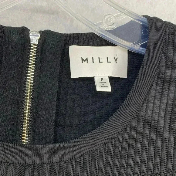 Milly Black Short Sleeve Fit & Flare Fringe Detail Ribbed Dress Zip Back Size P - Picture 8 of 11